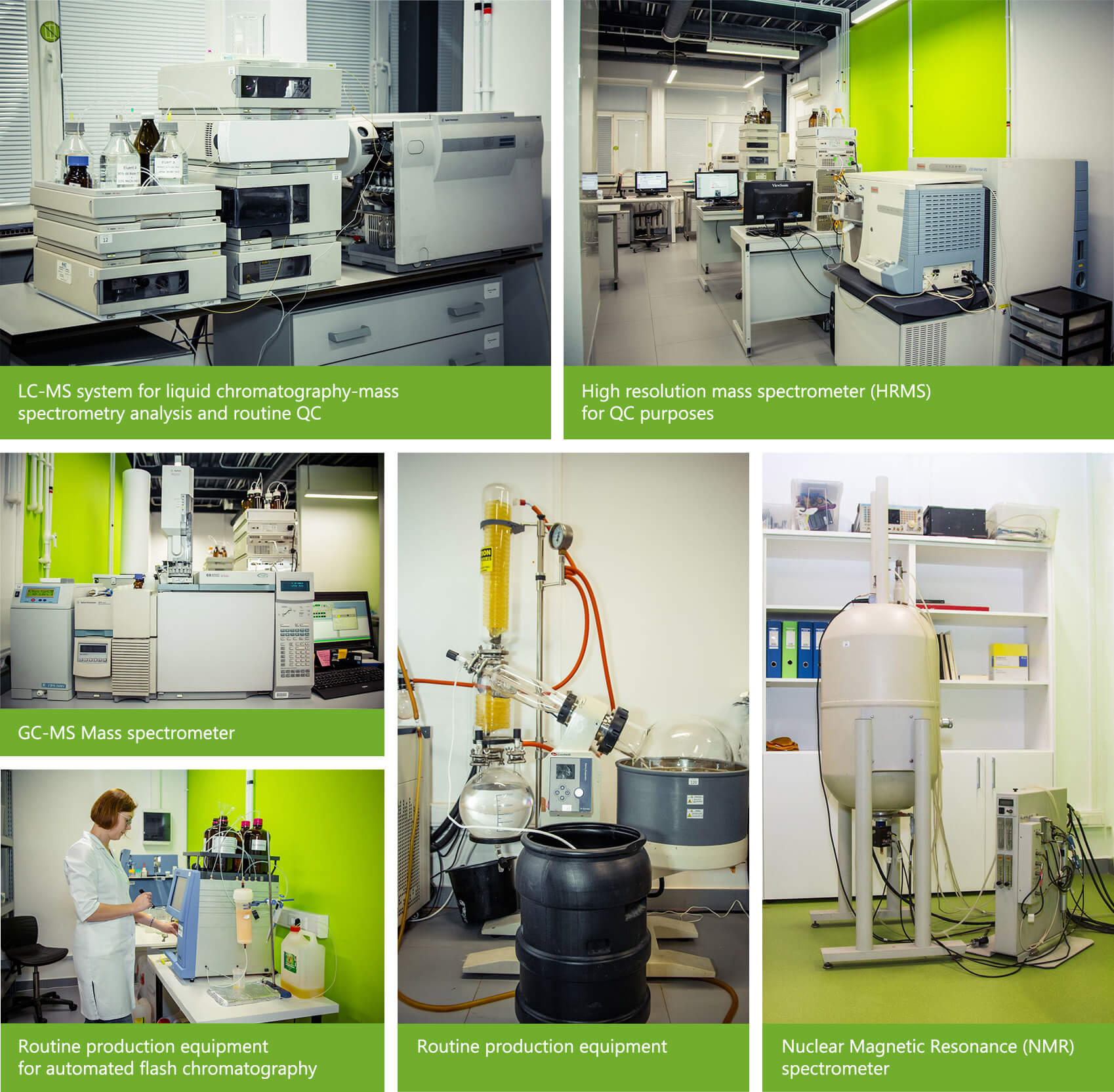 NMR spectrometer for routine QC, GC-MS equipment for routine QC, LC-MS system for routine QC at Lumiprobe, Chromatograph for R&D needs, Column chromatography system for purification