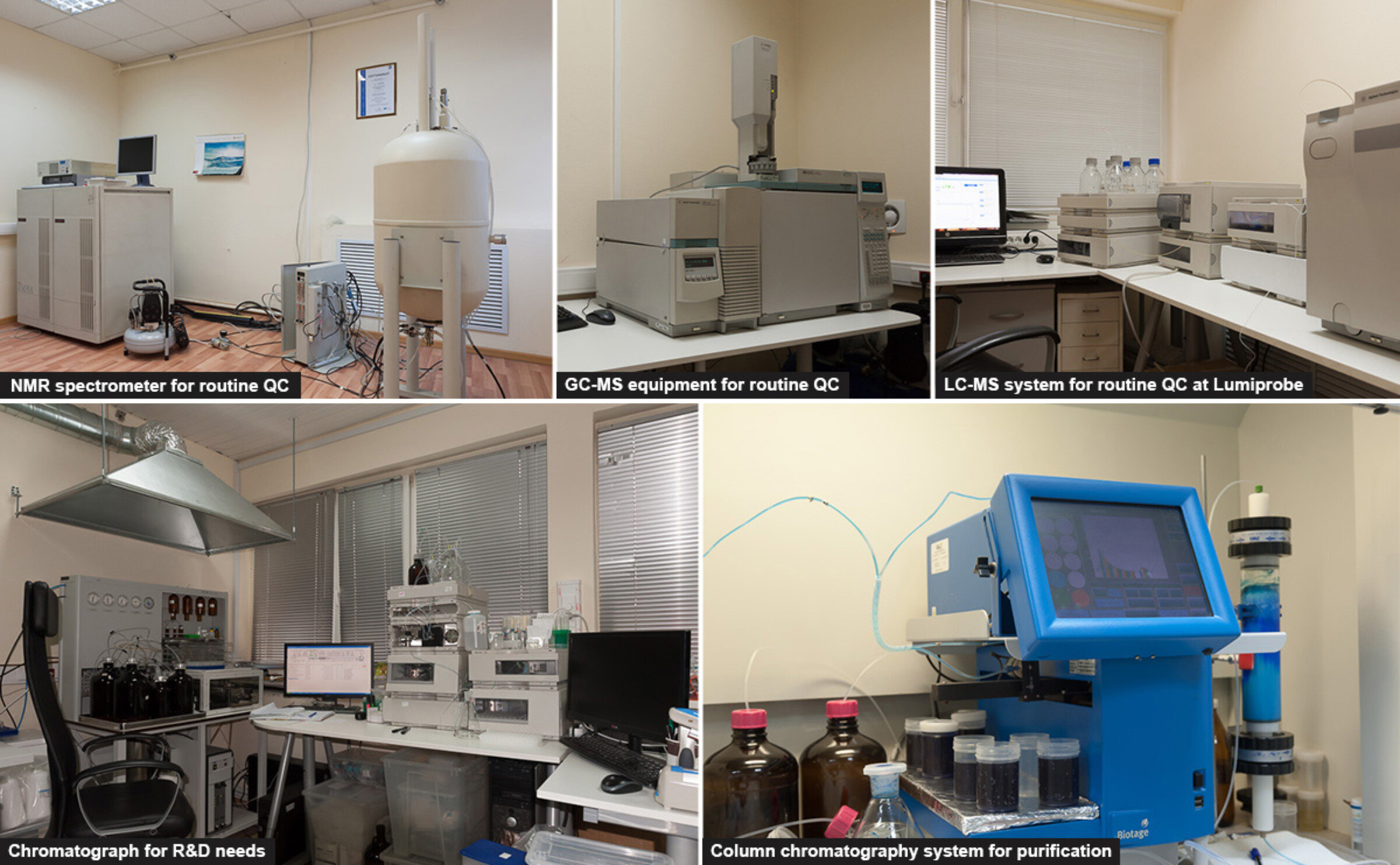NMR spectrometer for routine QC, GC-MS equipment for routine QC, LC-MS system for routine QC at Lumiprobe, Chromatograph for R&D needs, Column chromatography system for purification